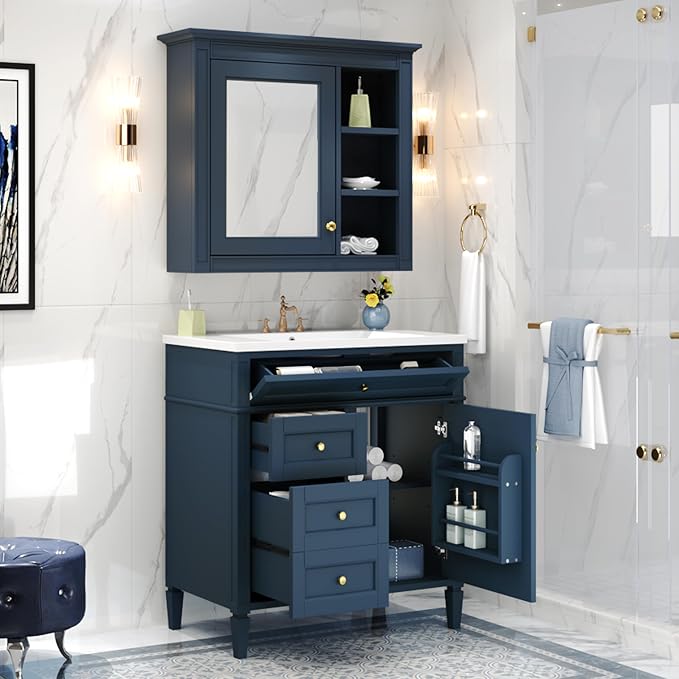 Merax 30 Inch Bathroom Vanity with Sink Set, Modern Bathroom Vanity Storage Cabinet with Matching Mirror Medicine Cabinet, Solid Wood Frame，Painted Finish, 2 Drawers and 1 Tip-Out Drawer, Navy Blue