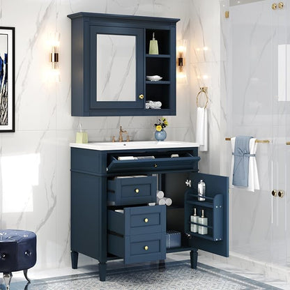 Merax 30 Inch Bathroom Vanity with Sink Set, Modern Bathroom Vanity Storage Cabinet with Matching Mirror Medicine Cabinet, Solid Wood Frame，Painted Finish, 2 Drawers and 1 Tip-Out Drawer, Navy Blue