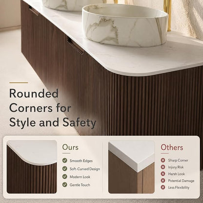 60 Inch Double Sink Bathroom Vanity, Floating Wall Mounted Cabinet, Dark Walnut Curved Fluted Front, Stone Top, Dual Marble-Look Round Vessel Basins, Pre-Assembled