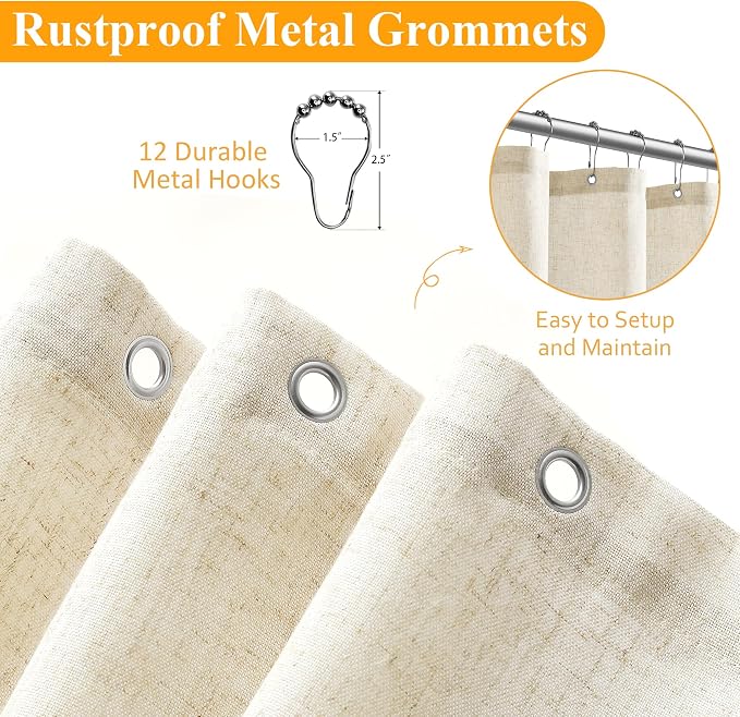 Extra Wide Linen Shower Curtain 108x72 for Clawfoot Tub Country Boho Farmhouse Bath Decor Beige Shower Curtains for Bathroom Neutral Cloth Weighted Textured Fabric Bath Curtain, 108 Inch