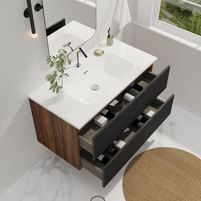 36'' Floating Bathroom Vanity with Sink Combo, Modern Bathroom Cabinet with 2-Soft Close & Large Storage Drawers, for Bath, Apartment, Hotel, Black and Walnut