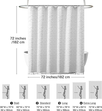 White Boho Shower Curtain Fabric Shower Curtains with Tassel 72 x 72 Modern Textured Shower Curtain Farmhouse Minimalist, Tufted Chevron Striped Shabby Chic, Water Resistant Cloth Curtain for Bathroom