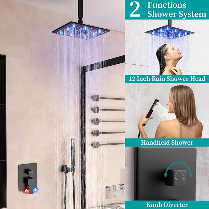 SKOWLL Shower Faucets Sets Complete Ceiling Mount 12 Inch LED Shower Head System with Handheld, Bathroom Rainfall Shower Fixtures Valve Kit, 3 Color Changing Showerhead, Matte Black