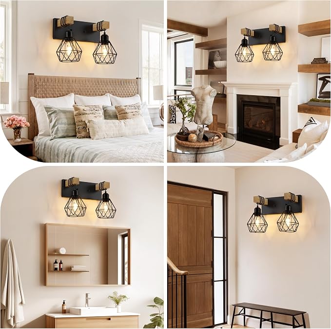 VbiTmn Bathroom Light Fixtures, 2 Light Black Farmhouse Wood Vanity Lights | Rustic Design, Diamond Metal Shades, Easy to Install, Wall Sconces for Bathroom, Bedroom, Makeup Area, Over Vanity Mirror