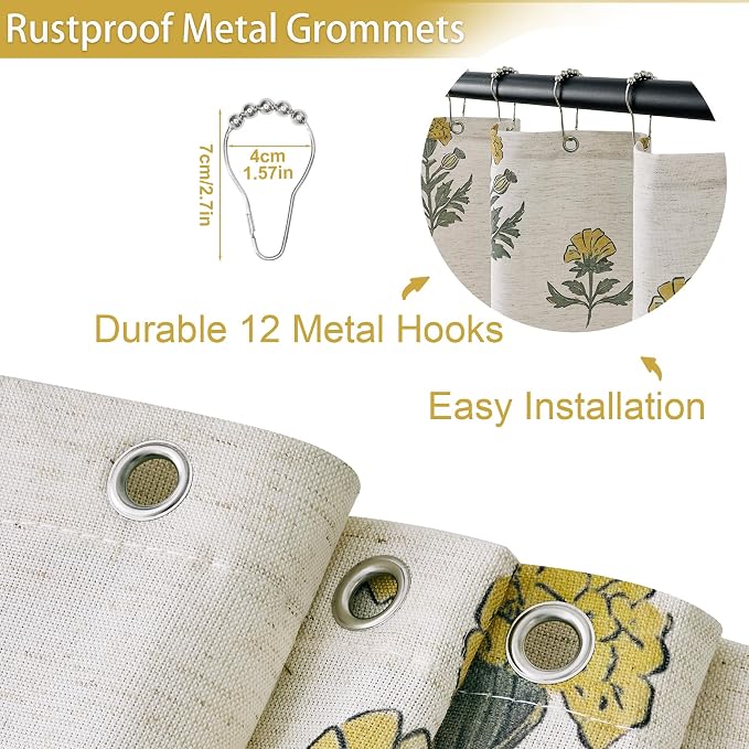 ORTIGIA Linen Textured Ruffle Shower Curtain with Metal Hooks, Vintage Yellow Floral Block Print Boho Waterproof Bath Curtain for Rustic Farmhouse Bathroom Decor 72x72 Inch