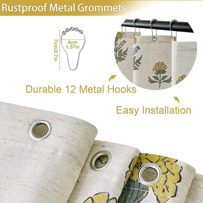 ORTIGIA Linen Textured Ruffle Shower Curtain with Metal Hooks, Vintage Yellow Floral Block Print Boho Waterproof Bath Curtain for Rustic Farmhouse Bathroom Decor 72x72 Inch
