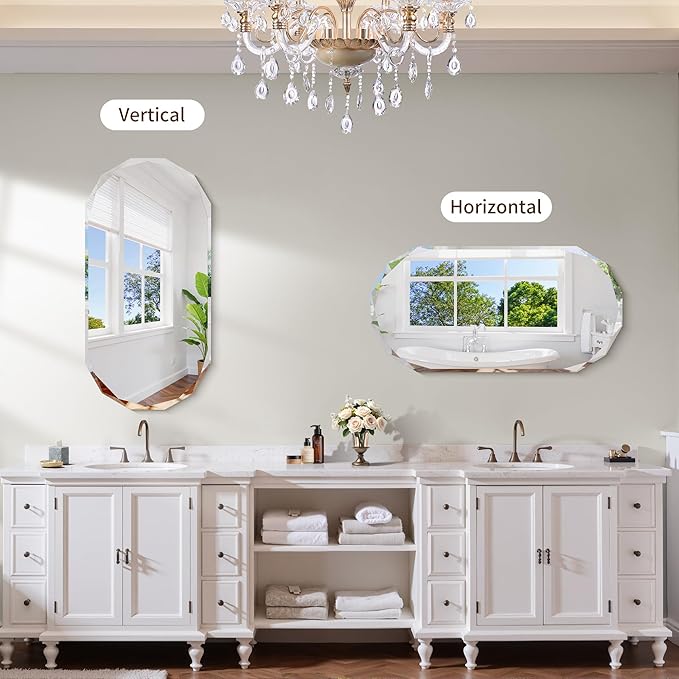 GLASHOM Frameless Bathroom Mirror, 20" x 40" Beveled Oval Wall Mirror for Over Sink, 16 Inch Modern Decorative Vanity Mirror for Bedroom, Living Room, Entryway, Hanging Mirror Horizontal or Vertical