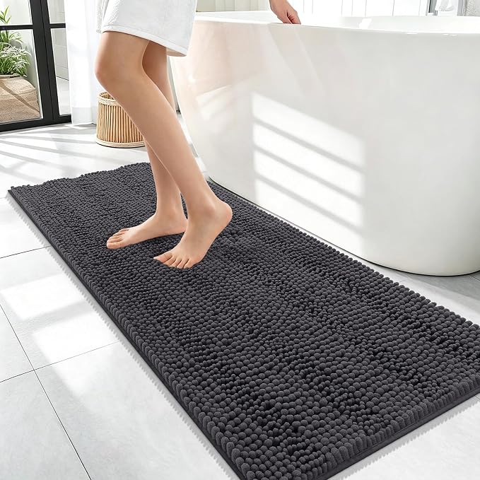 OLANLY Thick Bathroom Runner Rugs 47x17, Soft Chenille Bath Rugs, Dark Grey | Absorbent Striped, Rubber Backing, Machine Wash, Long Bath Mats for Bathroom Floor, Tub and Shower, Home Decor Accessories