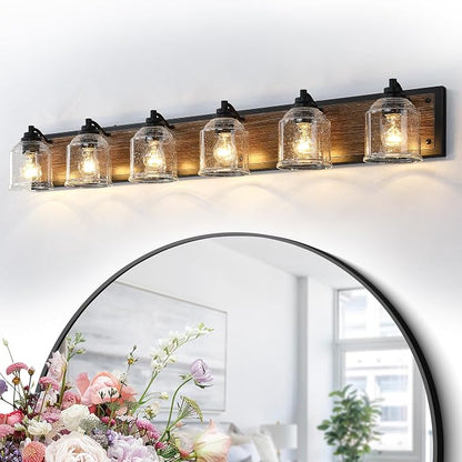 6-Light Vanity Lights for Bathroom Large 48" with Bubble Glass Shade | Farmhouse Rustic style, Hand-Painted Brown Wood-Grain Metal Backplate, E26 Ceramic Socket, UL&ETL, Mount up/down, over mirror