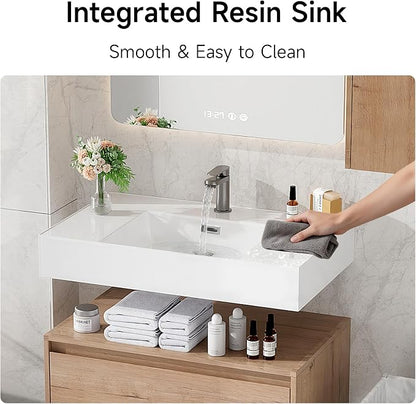 30 Inch Floating Bathroom Vanity with Sink, Modern Wall-Mounted Bathroom Cabinet with Resin Sink & Soft Close Drawer, Split-Level Layout (Nature Oak, 30"+1 Side Cabinet)