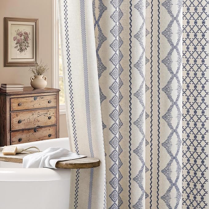 Navy Blue Shower Curtain,Boho Linen Fabric for Bathroom with Striped Print,72" W x 72" L