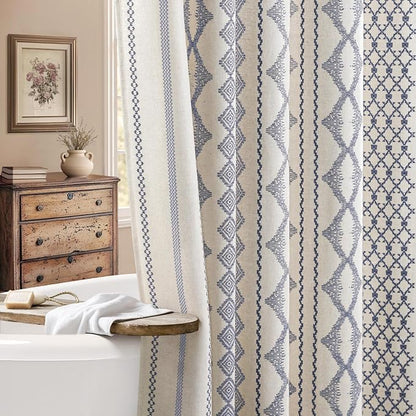 Navy Blue Shower Curtain,Boho Linen Fabric for Bathroom with Striped Print,72" W x 72" L