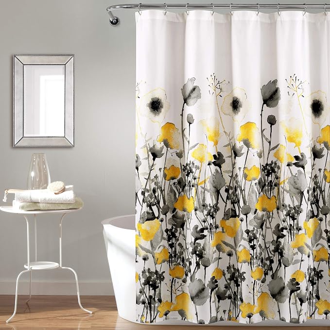 Lush Decor Zuri Flora Shower Curtain Single 72" W x 72" L Yellow & Gray - Floral Shower Curtains for Bathroom - Yellow Bathroom Curtain - Cottage Decor