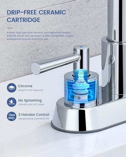 Bathroom Faucet with Pull Out Sprayer, Chrome Bathroom Faucet 3 Holes | Stainless Steel Lead-Free, 4 Inch Centerset Vanity Faucet, 2 Handle, Pop Up Drain, 3 Hole Faucet for RV Laundry Restroom