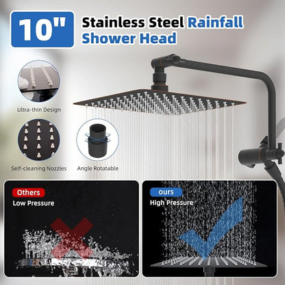 10" Metal Rainfall Shower Head with 10-Mode Handheld, Oil Rubbed Bronze | NSF/ANSI/CAN 372 Certified, High Pressure Showerhead Combo with 11" Adjustable Shower Arm, 71" Hose, Shower Head Holder