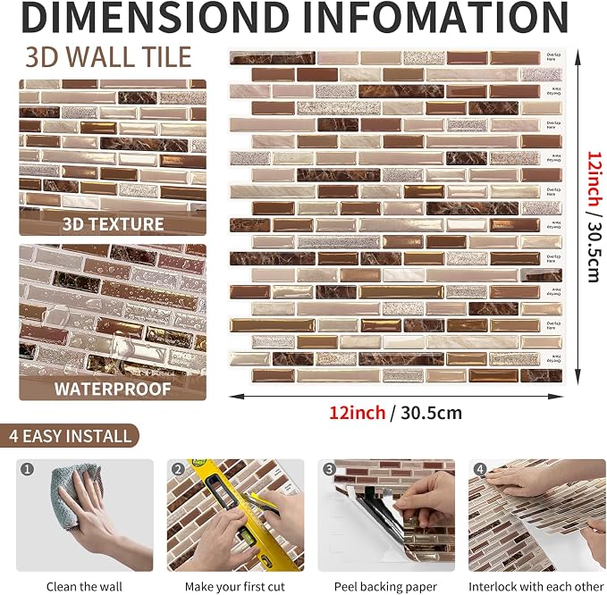 URCOLOR 10-Sheet Kitchen Backsplash Tiles Peel and Stick, 12”×12” Self Adhesive Wall Tile Sticker for Bathroom,Sandstone Brown