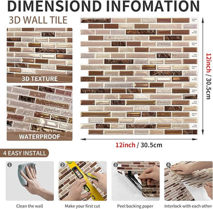 URCOLOR 10-Sheet Kitchen Backsplash Tiles Peel and Stick, 12”×12” Self Adhesive Wall Tile Sticker for Bathroom,Sandstone Brown