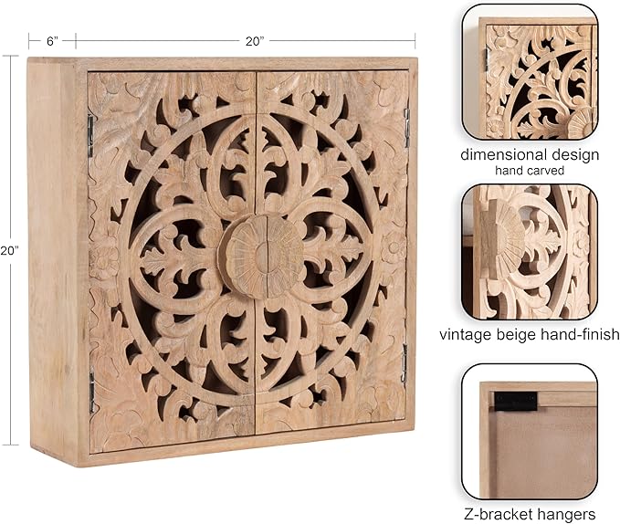Kate and Laurel Saanvi Traditional Carved Wood Wall Cabinet, 20 x 6 x 20, Light Natural, Dimensional Over The Toilet Storage Cabinet for Bathroom Storage and Display