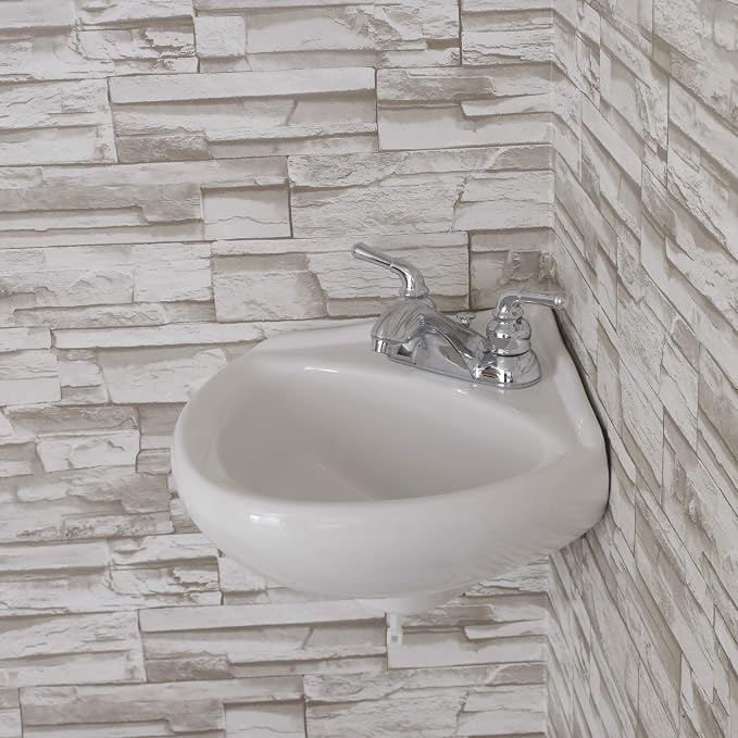 White Ceramic Wall Hung Corner Sink, Wall Mounted Bathroom Sink with Concealed Round Overflow, 16.5" x 15" Modern Style Small Sink with Single Faucet Hole