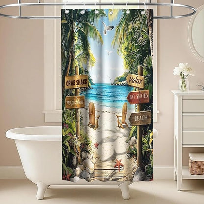 Summer Luxury Beach Shower Curtain Modern Coastal Tropical Palm Tree Pretty | Unique Shower Curtains for Bathroom, Waterproof Bath Curtain with Hooks Machine Washable Bathtub Curtains 36x72 Inch Geeen