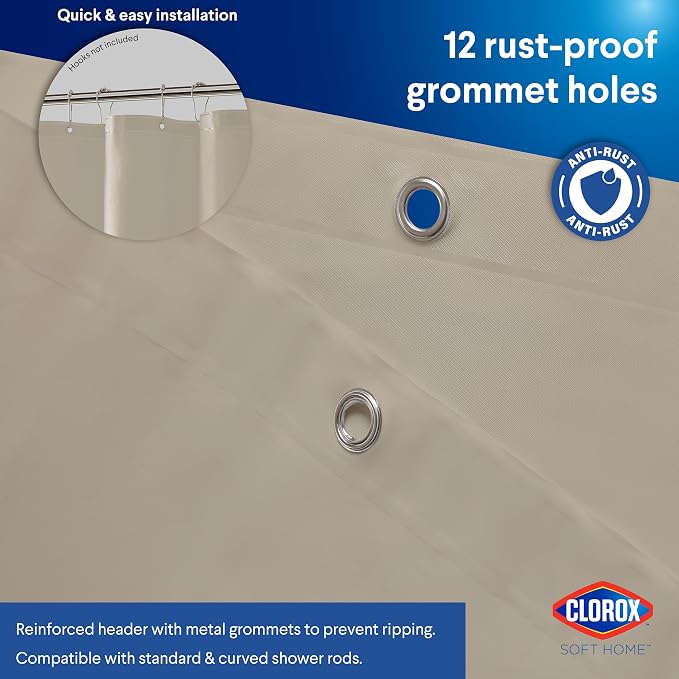 Clorox Shower Curtain Liner, Premium Colored Medium-Weight Durable Waterproof 6g PEVA for Bathroom with Weighted Magnets, Standard Size 72" x 72", Tan