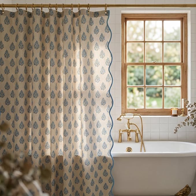 Boomkin Block Print Scalloped Shower Curtain Set with 12 Hooks | Grandmillennial Shower Curtain Linen Textured Cottage Core Floral Bathroom Curtain for Vintage Farmhouse Bathroom 72 x 72 Inc