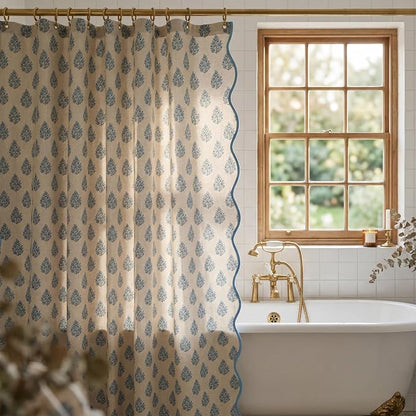 Boomkin Block Print Scalloped Shower Curtain Set with 12 Hooks | Grandmillennial Shower Curtain Linen Textured Cottage Core Floral Bathroom Curtain for Vintage Farmhouse Bathroom 72 x 72 Inc