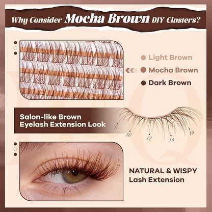 B&Q Brown Lash Clusters Kit Natural Mochalash Clusters 03, Wispy Eyelash Clusters Kit C-Curl Cluster Eyelash Extensions 8-16mm Brown Lash Eyelashes Kit for Fair/Dark Hair(Mochalash 03 Set)