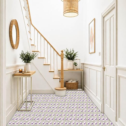Purple Dog Floral Peel and Stick Floor Tiles 12x12 Inch 10PCS | Purple Dog Floral removable self adhesive PVC vinyl tiles for kitchen bathroom entryway laundry room and indoor home decor
