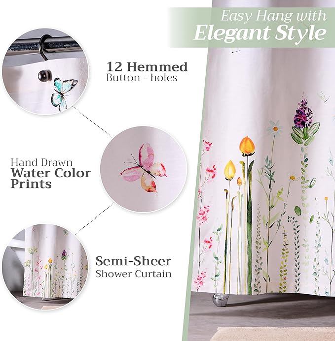 Maison d' Hermine Shower Curtain 100% Cotton One Panel 70"x72" Washable Fabric Shower Curtains for Bathroom, Easy Hanging with 12 Button Holes - Home Hotel Spa Easter Gifts (Botanical Fresh)