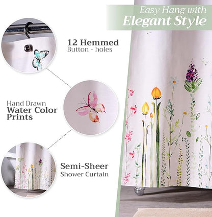 Maison d' Hermine Shower Curtain 100% Cotton One Panel 70"x72" Washable Fabric Shower Curtains for Bathroom, Easy Hanging with 12 Button Holes - Home Hotel Spa Easter Gifts (Botanical Fresh)