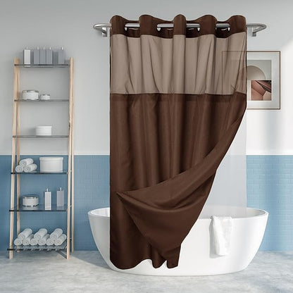 River Dream No Hook Slub Textured Shower Curtain with Snap-in PEVA Liner Set - 71" x 74"(72"), Hotel Style with See Through Top Window, Machine Washable & Water Repellent, Chocolate Brown, 71x74