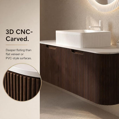 48 Inch Bathroom Vanity with Sink, Floating Wall Mounted Single Sink Vanity, Dark Walnut Curved Fluted Front, Stone Top, White Textured Rectangular Vessel Basin, Pre-Assembled