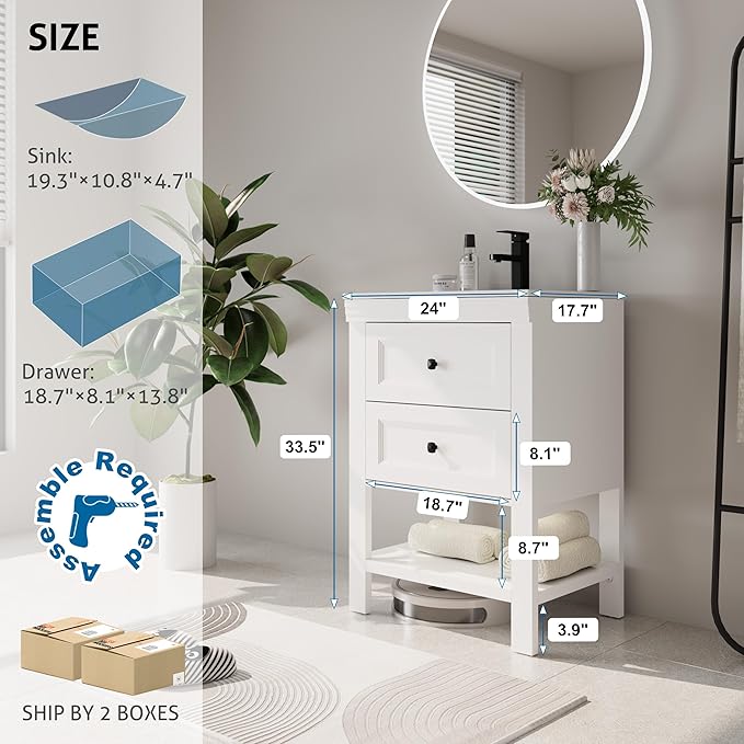 eclife 24" Bathroom Vanity with Sink Combo, Modern Painted Vanities Cabinet with Big Drawers, Opening Bottom Shelf, Raised Foot Pads, Include Undermount White Sink, Faucet & Drain, White