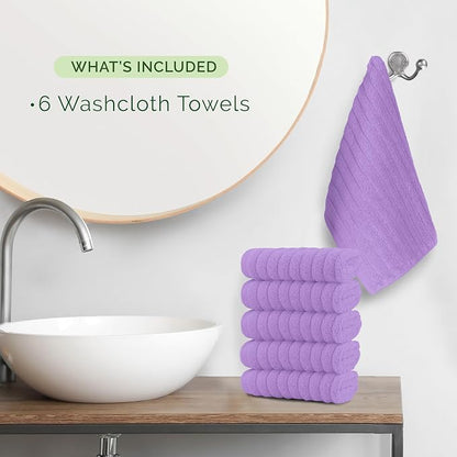 Elegant Comfort 100% Turkish Cotton Corduroy Ribbed Luxury Washcloths 6 Pack Soft 13 x 13 Inch - Higly Absorbent, Durable, Quick Dry, Spa Premium Hotel Quality for Bathroom or Travel, Lilac
