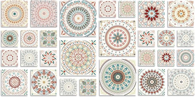 Easy Peel Stick Vinyl DIY wall Tile Decals Stick on backsplash,28pcs | 4,6,8in square tiles in 1 pack,waterproof tiles for kitchen RV laundry backsplash,remove no damage,pink mandala pattern