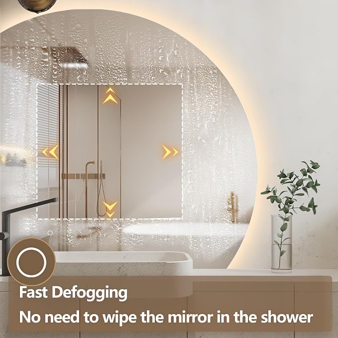 40" Half Moon LED Bathroom Mirror, Backlit Wall Mirror with Lights | Frameless Vanity Mirror with 3 Color Dimmable, Anti Fog, HD Shatter-Proof, IP65 Waterproof, Memory, CRI95+, Right/Left Cut