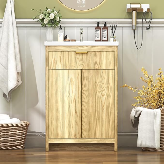 24" Modern Bathroom Vanity with Ceramic Sink, 2 Doors & 1 Drawer, Wooden Storage Cabinet, Actual 23.6" L x 18.5" W x 35.4" H