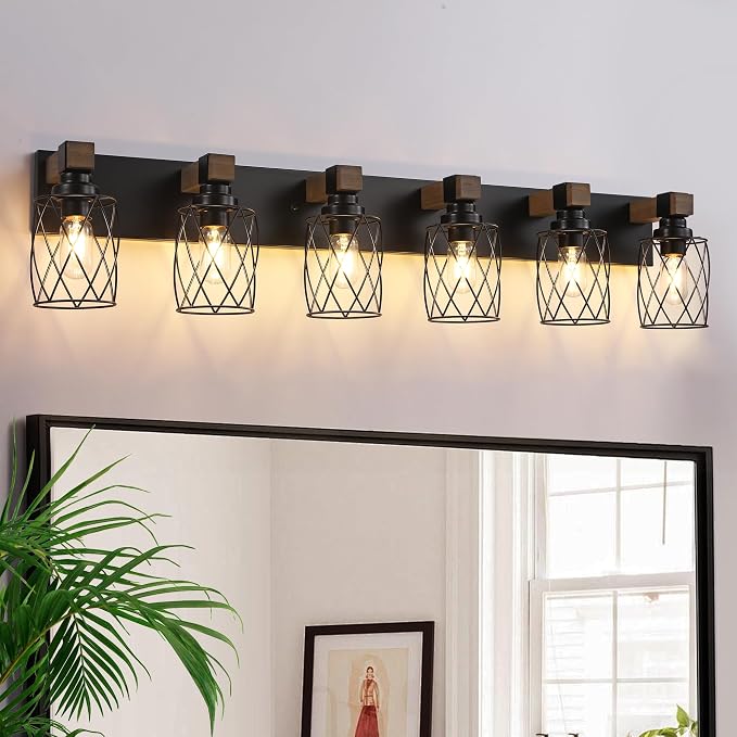 Farmhouse 6-Light Wood Bathroom Vanity Light, Black Metal Cage Shade | Mounted Over Mirror, Industrial Rustic Style, Ideal for Bathroom, Bedroom, Hallway & Living Room, Easy To Install