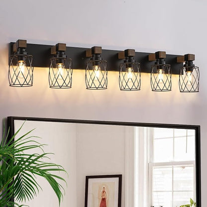 Farmhouse 6-Light Wood Bathroom Vanity Light, Black Metal Cage Shade | Mounted Over Mirror, Industrial Rustic Style, Ideal for Bathroom, Bedroom, Hallway & Living Room, Easy To Install