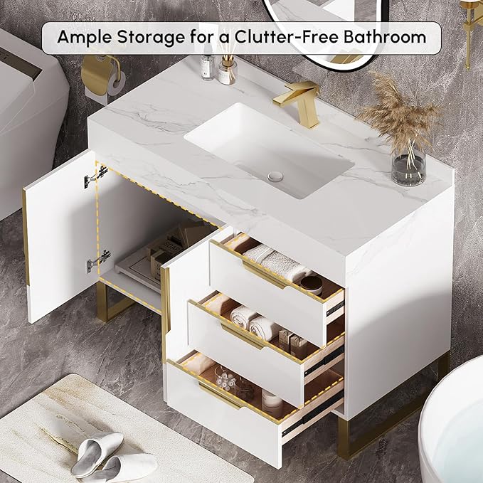 homary 36" Freestanding Bathroom Vanity Set with Single Sink, Modern Bathroom Sink Cabinet Storage Cabinet with Sintered Stone Countertop and Ample Storage, White