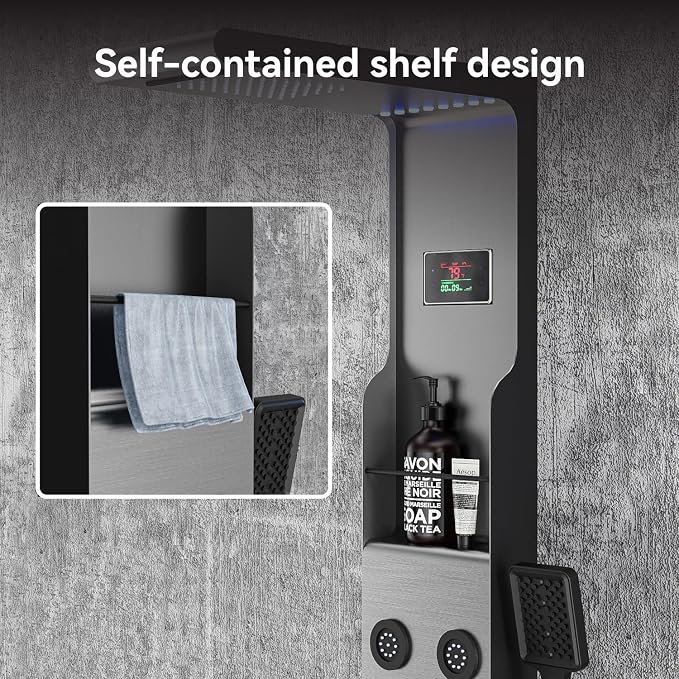 ELLO&ALLO LED Rainfall Shower Head and Rain Massage System with Body Jets Stainless Steel Bathroom Shower Panel Tower System with Shelf, Brushed Nickel&Black