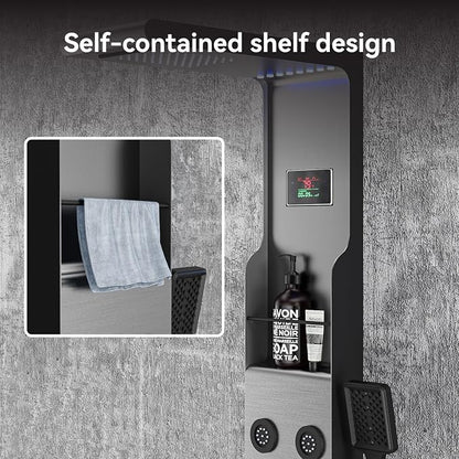 ELLO&ALLO LED Rainfall Shower Head and Rain Massage System with Body Jets Stainless Steel Bathroom Shower Panel Tower System with Shelf, Brushed Nickel&Black