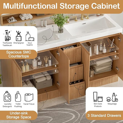 60 Inch Double Bathroom Vanity with SMC Resin Sink, Wood | 3 Drawers & 4 Soft-Close Doors, 1.9-inch Countertop,Multilayer Plywood, Brushed Nickel Hardware for Hotels, Apartments