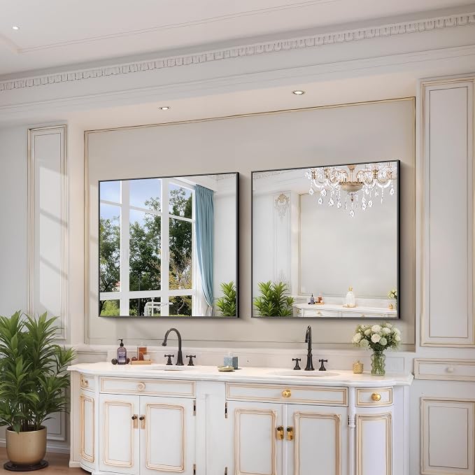 YIROMAN Bathroom Mirror 36"x36",Black Bathroom Mirrors for Over Sink with Aluminum Frame, Square Vanity Mirror with Right Angle, Wall Mirror for Oversink, Vanity, Bedroom, Living Room