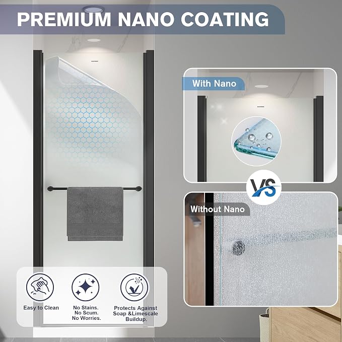 26"-28" W x 72" H Frameless Pivot Frosted Shower Door Matte Black | 1/4"(6mm) SGCC Tempered Glass with Explosion-Proof Film &Nano Coating,Customizable Width