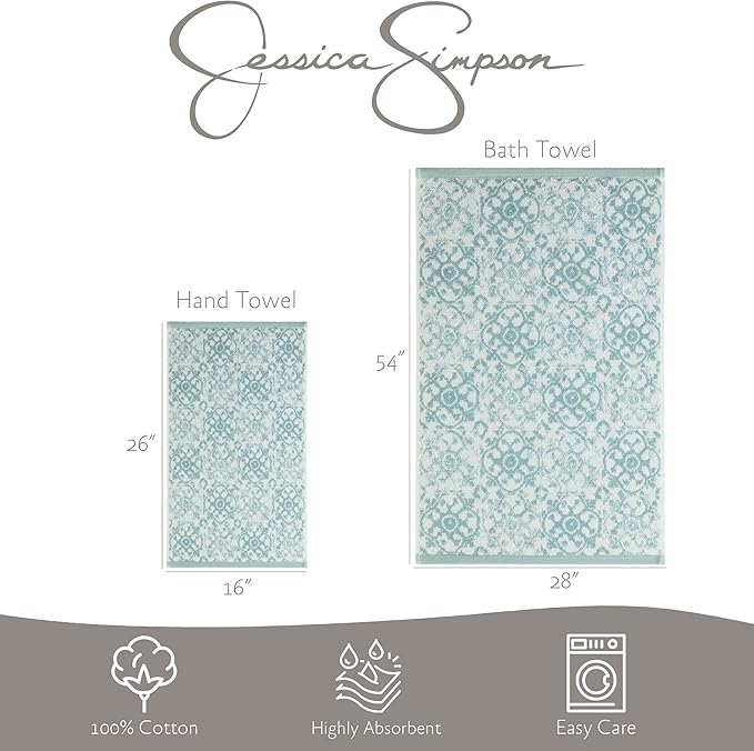 Jessica Simpson – Bath Towel 4 Piece Set, Aziza, Premium Bathroom Décor, Includes 2 Hand Towels and 2 Shower Towels, 100% Cotton & Machine Washable, Forget Me Not Blue