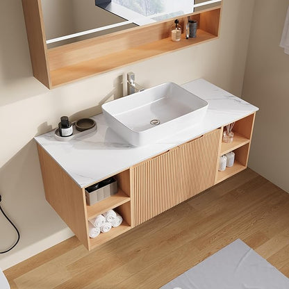 48" Floating Bathroom Vanity with Sink, Modern Vanity Cabinet with Sintered Stone Countertop, Wall Mount Bathroom Sink with Storage, Ceramic Basin, Light Wood (Pure White)