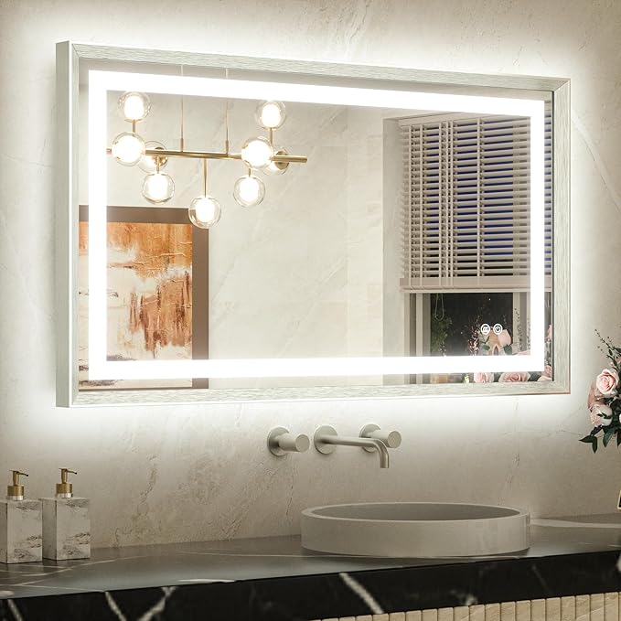 40 x 24 Led Mirror Brushed Nickel Metal Frame Frontlit & Backlit Vanity Mirror Anti-Fog Stepless Dimmable 3 Colors White/Warm/Natural Wall Mirror with Lights Wall-Mounted