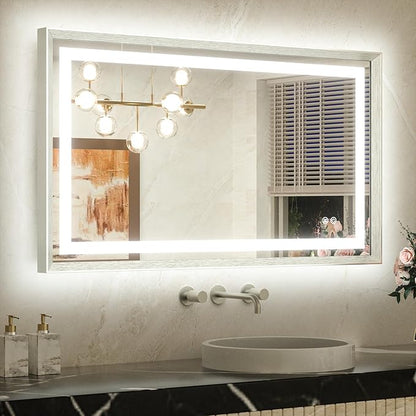 40 x 24 Led Mirror Brushed Nickel Metal Frame Frontlit & Backlit Vanity Mirror Anti-Fog Stepless Dimmable 3 Colors White/Warm/Natural Wall Mirror with Lights Wall-Mounted